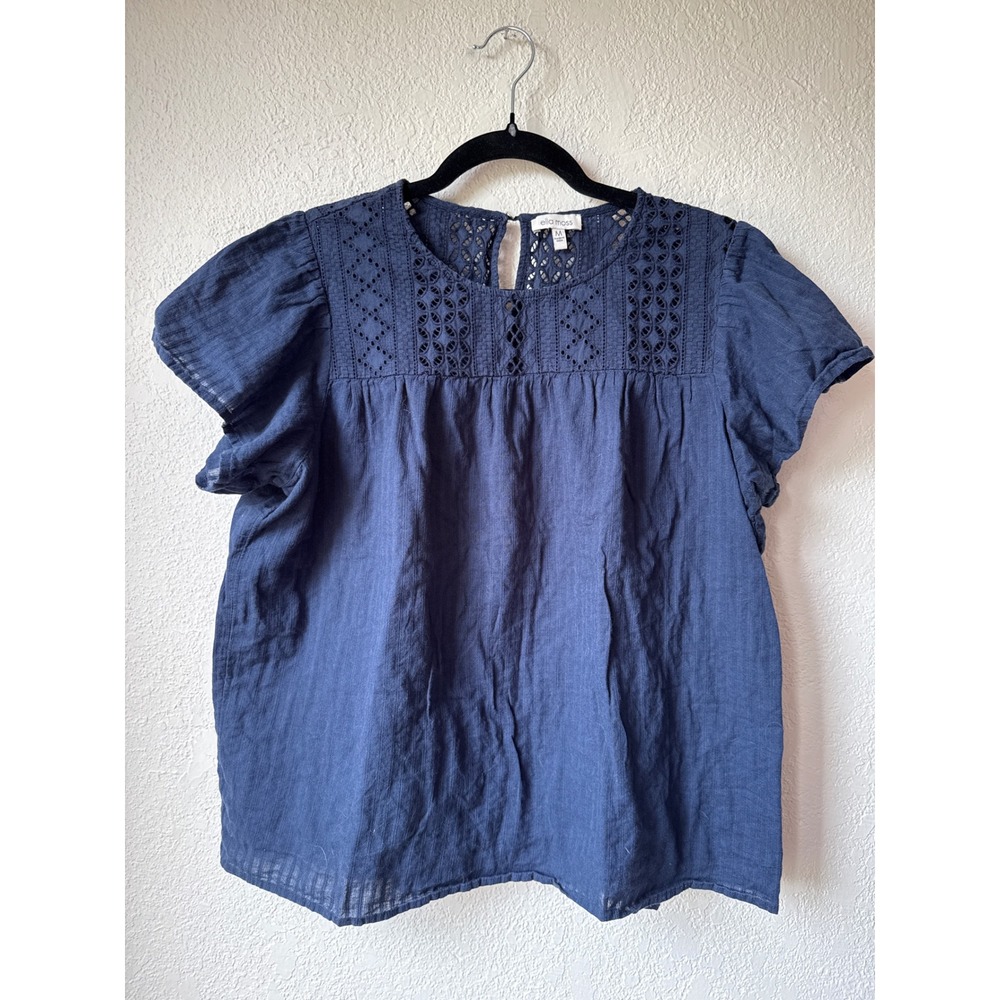 Ella Moss Navy Blue Eyelet Lace Yoke Cotton Blouse Short Sleeve Boho Top Medium
